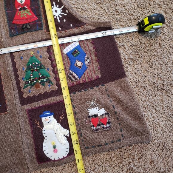 Holiday patchwork winter wool blend sweater vest brown full zip 2x - Picture 4 of 4